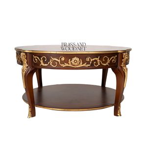 Table basse ronde de luxe avec détails en laiton faits à la main et élégantes incrustations en bois pour une décoration classique de salon - Product Image 1