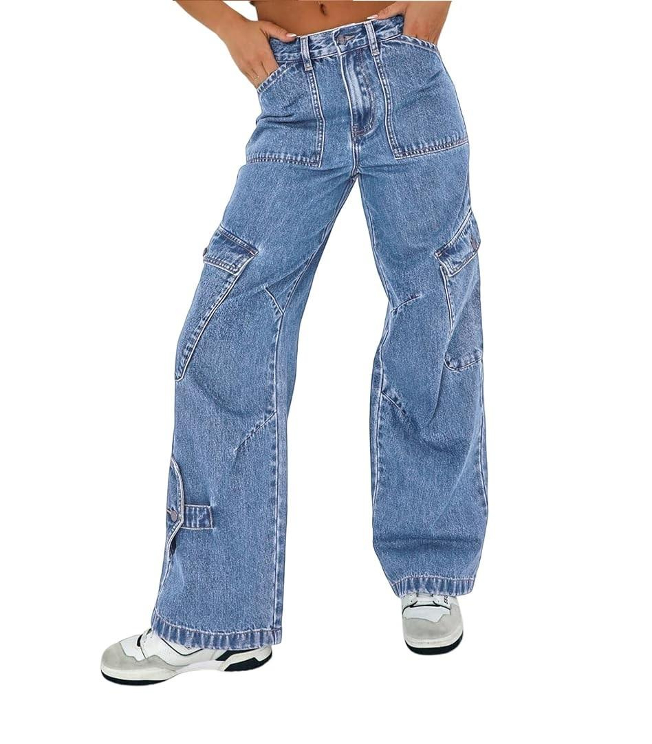 Jeans Cargo Filles Coupe Large Taille Haute - Pantalon Baggy Jean Décontracté