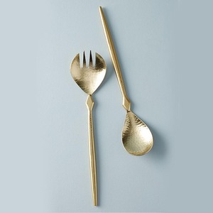 Couverts à poignée de feuille ensemble de service de salade en acier inoxydable or ensemble de service de barre de salade ensemble de service de nourriture poignée rustique en bois - Product Image 6