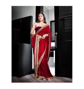 Nuevo Sari de terciopelo con hermoso Borde de lavanda bordado de lentejuelas con trabajo de Jari Dori y encaje de Pipa de vidrio elegante para adultos - Product Image 1