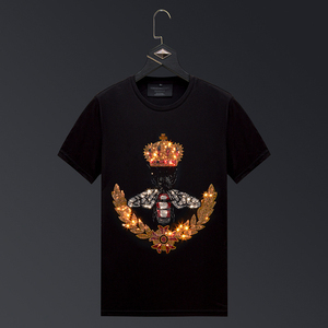 เสื้อยืดไรน์สโตนสำหรับผู้ชายเสื้อยืดลำลองผ้าคอตตอนถักลายว่างเปล่าสำหรับผู้ชาย - Product Image 2