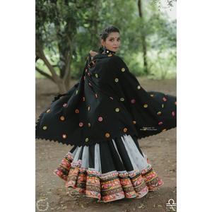 NAVRATRI SPECIAL Gamthi Work Digital Printed Lehengas Choli Dupatta Black White Pakistanais Ethnic Dress Made Silk fancy Real - Product Image 3