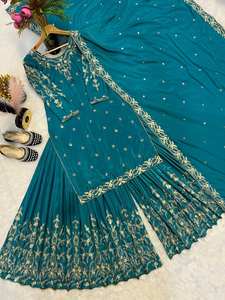 Collection de vêtements ethniques indiens Pure Crepe Silk Heavy Moti Work And Broded Work Party Wear Top and Sharara With Dupatta - Product Image 4