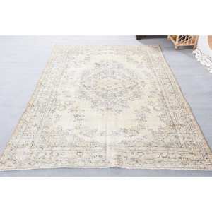 Alfombra turca clásica Beige azul Vintage 5,3X9,1 pies diseño de retazos hecho a mano lana bambú seda ecológico pila media látex - Product Image 5