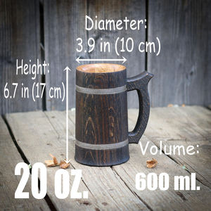 Jarra de cerveza de madera tallada artesanal, taza para beber rústica ecológica sostenible, café, té, animales, diseño único, acentos de Metal - Product Image 6
