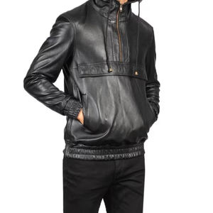 Dernier modèle de sweat à capuche en cuir pour homme à bas prix/Sweat à capuche personnalisé en cuir de couleur unie pour homme avec demi-fermeture éclair - Product Image 1