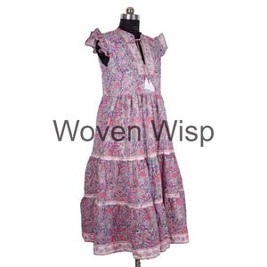 Superventas Jaipuri Floral Midi vestido de algodón bloque de mano impreso cuello en V verano primavera estilo hecho a mano botón gran regalo para - Product Image 4