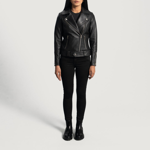 Women's Genuine <b>Leather</b> Moto <b>Jacket</b> Solid Color Zipper Closure Full Sleeve Turn-down Collar Autumn Style - Product Image 1