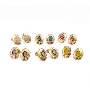 Iolite Hydro <b>Quartz</b> Stud <b>Earrings</b> Trendy Wholesale Gold Plating Bezel Set Oval Shape with Hammered Texture Made of Brass - Product Image 3