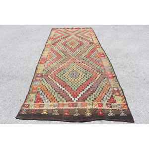 Tapis turc vintage 4,7x11,3 pieds, grand tapis, tapis Kilim camouflage rouge - Product Image 1