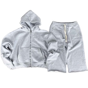 Sudadera con Capucha y Pantalones Deportivos Personalizados con Perlas y Pedrería, Ropa Urbana 100% Algodón Felpa, Sudadera con Capucha de Hombros Caídos y Pantalones Deportivos de Cintura Doble Acampanados - Product Image 3