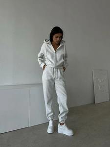 Survêtement Femme Sweatshirts à capuche zippés Poches solides Taille élastique Pantalon droit Deux pièces Ensembles épais Sports Casual - Product Image 2