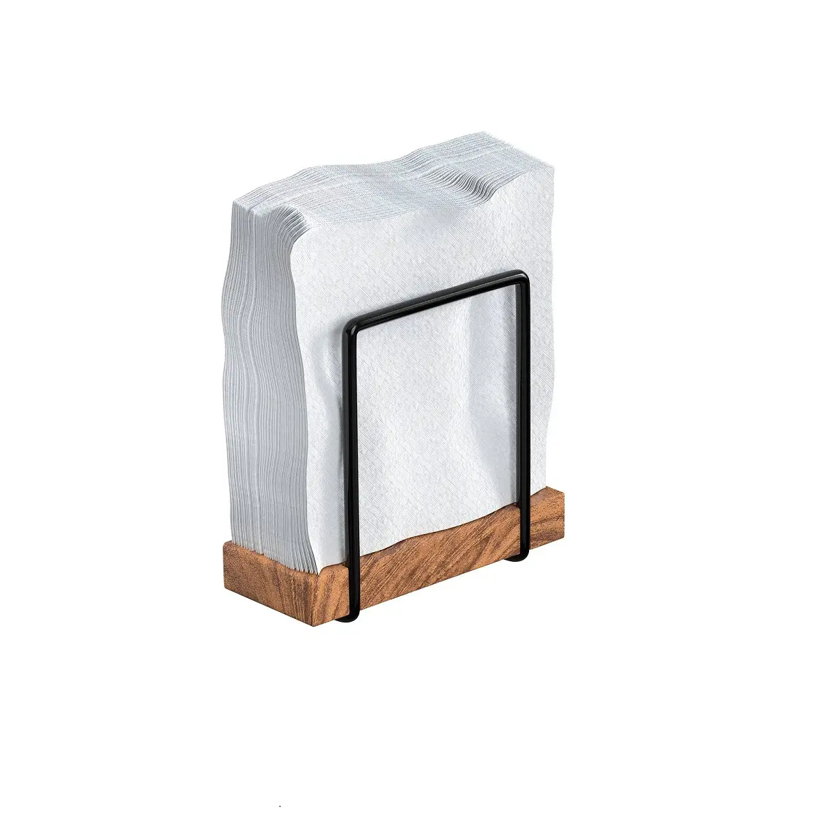 Porte-serviettes de vente tendance avec base en bois support de tissu en fil de métal noir porte-papier pour table à manger