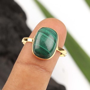 Bagues en malachite naturelle en gros, argent sterling 925, forme coussin 10x14mm, plaqué or micron 18K, vermeil, bijoux fins - Product Image 6