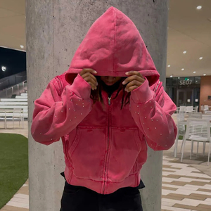 Sudadera Corta con Cremallera y Diseño Cuadrado, Estilo Urbano, Lavado Ácido, Desgastada, con Pedrería, para Hombre, Fabricación Personalizada - Product Image 4