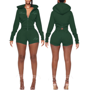 Ensemble de tenues d'automne en coton sportif personnalisé pour femmes Ensembles de shorts moulants à manches longues à capuche avec fermeture éclair et broderie imprimée à la mode pour femmes - Product Image 2