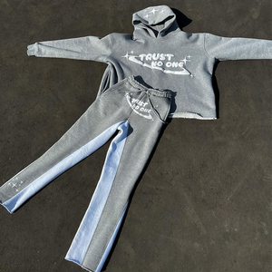 Ensemble de survêtement imprimé gris pour hommes, sweat à capuche et pantalon de jogging, tenue deux pièces, streetwear, vêtements de sport décontractés à la mode, vêtements en gros - Product Image 1
