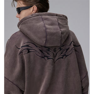 Sweat à capuche à la mode lourd épais coton sable lavé flamme brodé lavage à l'acide sweat à capuche zippé pour hommes - Product Image 3