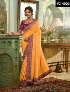 Vêtements ethniques indiens vêtements ethniques Vichitra soie Saree avec Blouse en soie Banglory pièces et broderie travail bordure en dentelle avec Blouse - Product Image 4