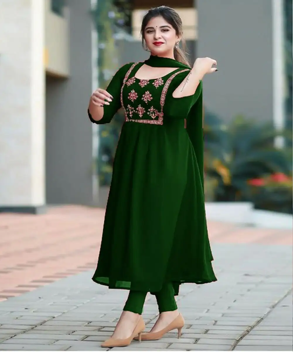 Look ricco nuovo arrivo ultime tendenze tradizionali e festival indossano ricami di colore verde kurti con dupatta per donna