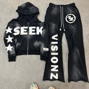 Sweats à capuche pour hommes Rhinestone 100% coton Pantalon de survêtement et sweat à capuche lavage à l'acide Ensemble surdimensionné avec fermeture éclair personnalisée poids lourd pour hommes - Product Image 5