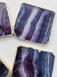 Gran púrpura fluorita ágata cristal geoda piedra cuadrada en forma de Feng Shui decoración del hogar hermoso chapado en oro Trim posavasos piedra preciosa - Product Image 5