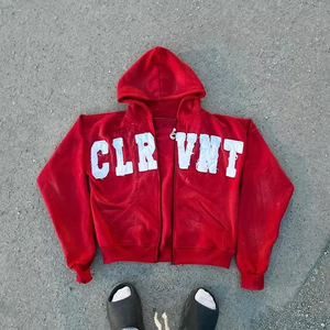 Sweat à capuche avec logo personnalisé 500gsm pour hommes, lavage à l'acide, soleil délavé, patch en détresse, applique brodée, fermeture éclair carrée surdimensionnée, sweat à capuche pour hommes - Product Image 2