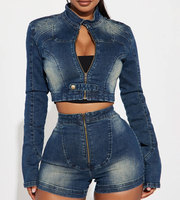 Ensemble denim pour femme Veste en jean courte à manches longues Costume en jean Street Cargo Survêtement Ensemble deux pièces Tenues fitness