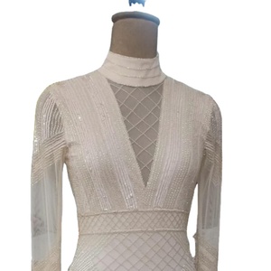 Perles florales broderie à la main à manches longues paillettes sexy chaudes licou cou genou longueur droite Tulle robe de soirée Cocktail - Product Image 1