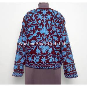Handmade Indian Suzani Embroidery <b>Women's</b> <b>Velvet</b> <b>Jacket</b> Stand Collar Floral Embroidery Cotton Filling Button Decoration Spring - Product Image 5