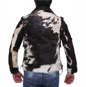 Veste en cuir de vache véritable pour homme, fourrure noire et blanche, imprimé vache, motard, moto, vêtements d'extérieur d'hiver, mode - Product Image 2