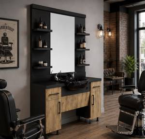 Estación de Trabajo de Barbería Moderna y Lujosa Modelo Decorsall con Espejo Doble, Estantes con Marco de Madera, Encimera de Mármol y Gabinete de Almacenamiento - Product Image 4