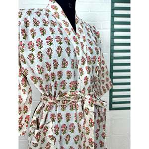 Boho Cotton Kimono Hand-Printed Floral Butterfly Pattern Lightweight Indian House Robe for Beach Vacation ODM Supply - Product Image 4