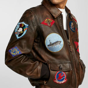 Vente en gros 2024 combinaison de vol en cuir multi-standard personnalisée pour hommes Top Gun col en fourrure d'agneau décontracté matelassé marron vestes pour hommes - Product Image 6