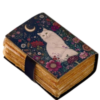 Carnet Wiccan en Cuir Fait Main avec Imprimé Chat et Artémisia Bleue, 7x5'', Reliure Thermique, 120 Feuilles, Papier à Bords Frangés, Livre de Sortilèges, Grimoire