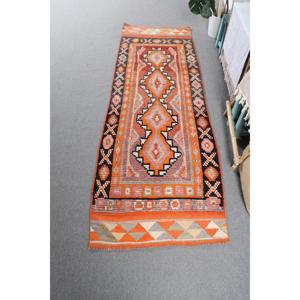 Turkish Vintage <b>Runner</b> <b>Rug</b> 2.9x8.4 ft (89x256 cm), Orange Floral Herki <b>Rug</b> - Product Image 1