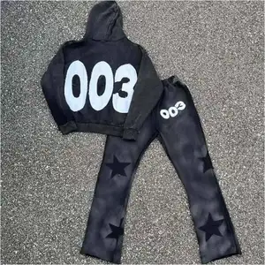 2023 Mới Đến Mùa Đông Quá Khổ Cổ Điển Nặng Rửa Axit Tracksuit Mens Đau Khổ Thêu Cắt Và May Tracksuit