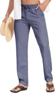 Pantalon en lin à cordon pour hommes Pantalon ample de plage d'été décontracté Coupe décontractée et ceinture élastique extensible Pantalon à coupe personnalisée - Product Image 2