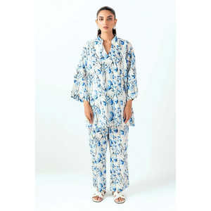 ชุดเซ็ต 2 ชิ้น เสื้อผ้าชีฟองพิมพ์ลายริ้วสีขาวสไตล์ลำลองสำหรับผู้หญิง แขนสามส่วน เหมาะสำหรับฤดูใบไม้ผลิ/ฤดูร้อน - Product Image 1