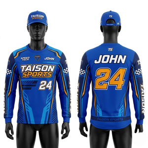 เสื้อแข่งคาร์ทติ้งพรีเมียม 180 GSM โพลีเอสเตอร์ สีน้ำเงิน-ดำ-เหลือง ดีไซน์ลายแผง ผ้าระบายอากาศ พิมพ์โลโก้ด้วยเทคนิค Sublimation สำหรับชุดแข่งรถ - Product Image 1
