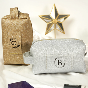 Custom Gold Glitter Makeup Bag, Personalized Leather Cosmetic Pouch Personalized Bridesmaid Makeup Bag - Product Image 1