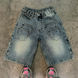 Pantalones cortos de mezclilla de retazos con logotipo estampado personalizado de alta calidad para hombre, ropa de calle de pierna acampanada con borde crudo Vintage lavado desgastado - Product Image 3