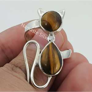 Handmade Tigers Eye Sterling Silver Cat <b>Ring</b> Boho <b>Statement</b> Jewelry Inlay for Birthday Anniversary Valentine's Day Gift - Product Image 4