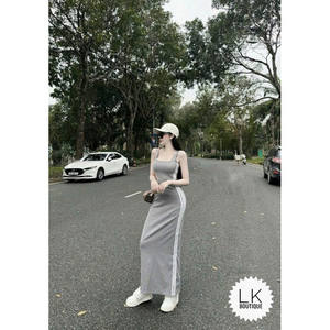 Active Lifestyle Cotton Stretch Bodycon Maxi Dress-Knee-Length Zipper Hollow Ruffle Decorations High for Day Outings Wholesale - Product Image 1