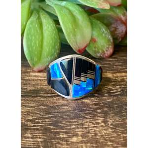 Navajo Handcrafted Multi Stone Opal & <b>Jade</b> Inlay Sterling Silver <b>Ring</b> Size 8.75 - Product Image 1