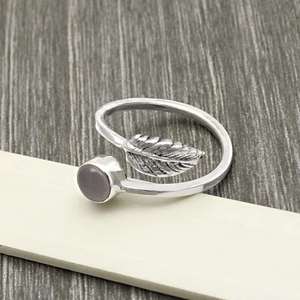 Bague ouverte en argent sterling 925 pur, tempérament artistique, bague à plumes, argent pur coréen, bijoux bohèmes avec pierre précieuse en quartz rose - Product Image 6