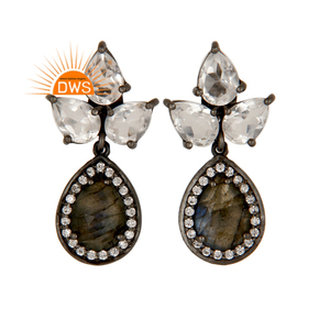 Boucles d'oreilles pendantes en argent et Rhodium noir, Labradorite et cristal, dernière conception, fabricant de bijoux Demi-fins - Product Image 1