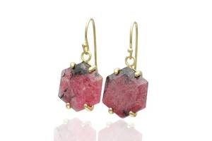 18k Gold Rhodonite Hexagon <b>Earrings</b> Large Vintage Stone Jewelry Statement Bridal <b>Earrings</b> 14k Gold Dangle <b>Earrings</b> Gift - Product Image 2