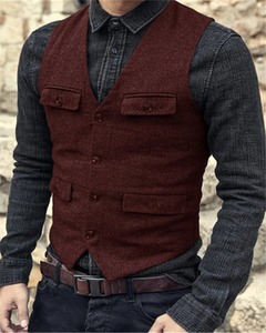 Chaleco de Traje Marrón Borgoña de Lona y Cuero, Impermeable, Transpirable, Estilo Vintage, para Invierno, Formal, de Negocios, para Hombres, para Bodas - Product Image 6