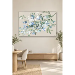 Impression sur toile Fida avec fond beige, branche de fleurs bleues et blanches - Product Image 4